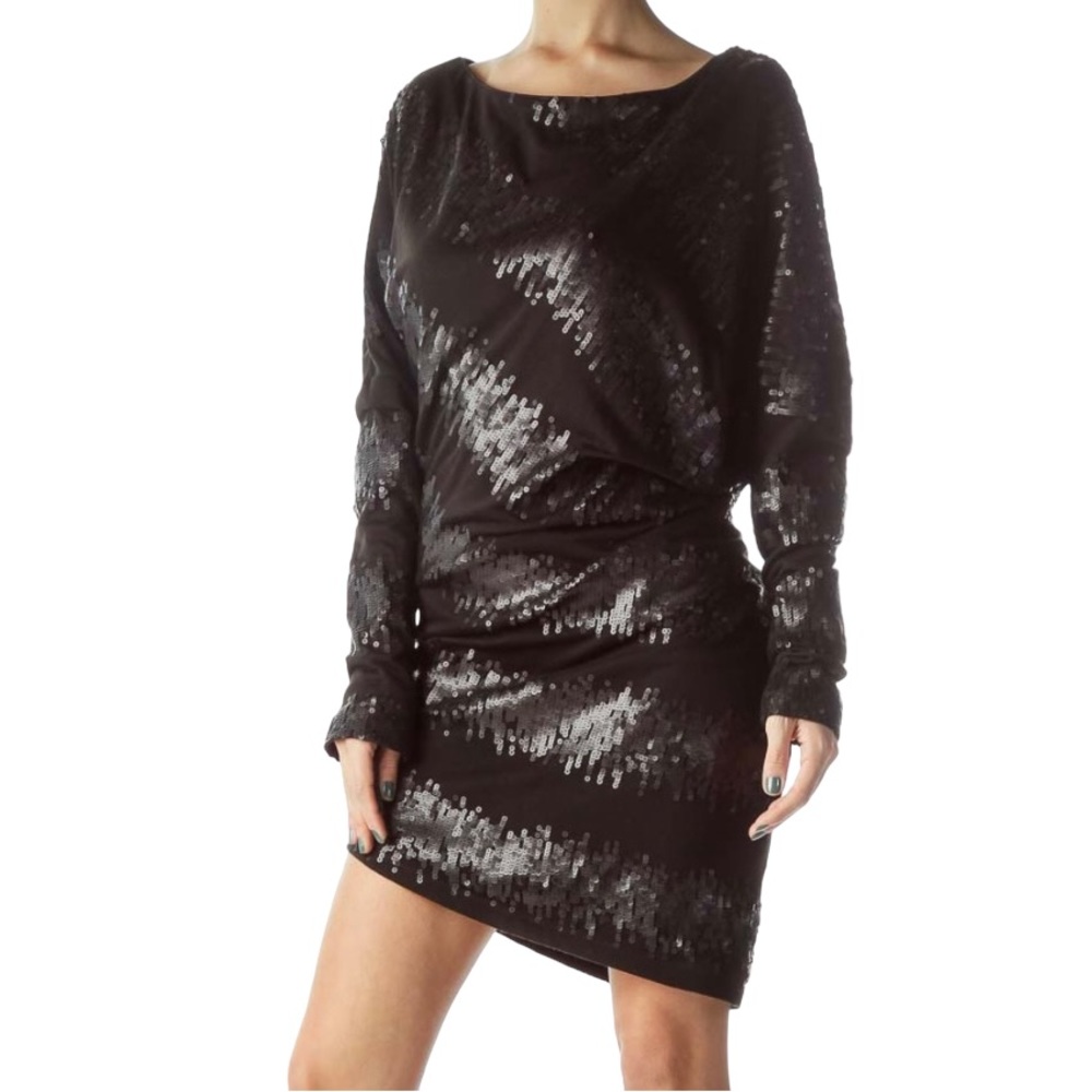 Badgley Mischka Mark & James NWOT Asymmetric Black Sequin Cocktail Dress Medium